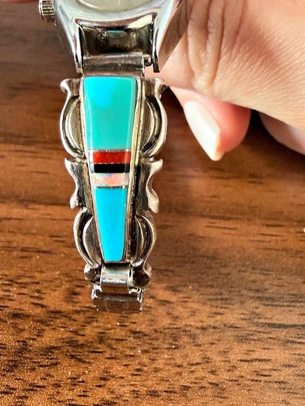 Signed E. Hoskie Navajo Native American Sterling Silver Turquoise Watch Bracelet - Picture 5 of 6